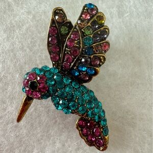 Vintage Multicolor Teal Green and Pink Gold Metal Hummingbird Brooch Pin